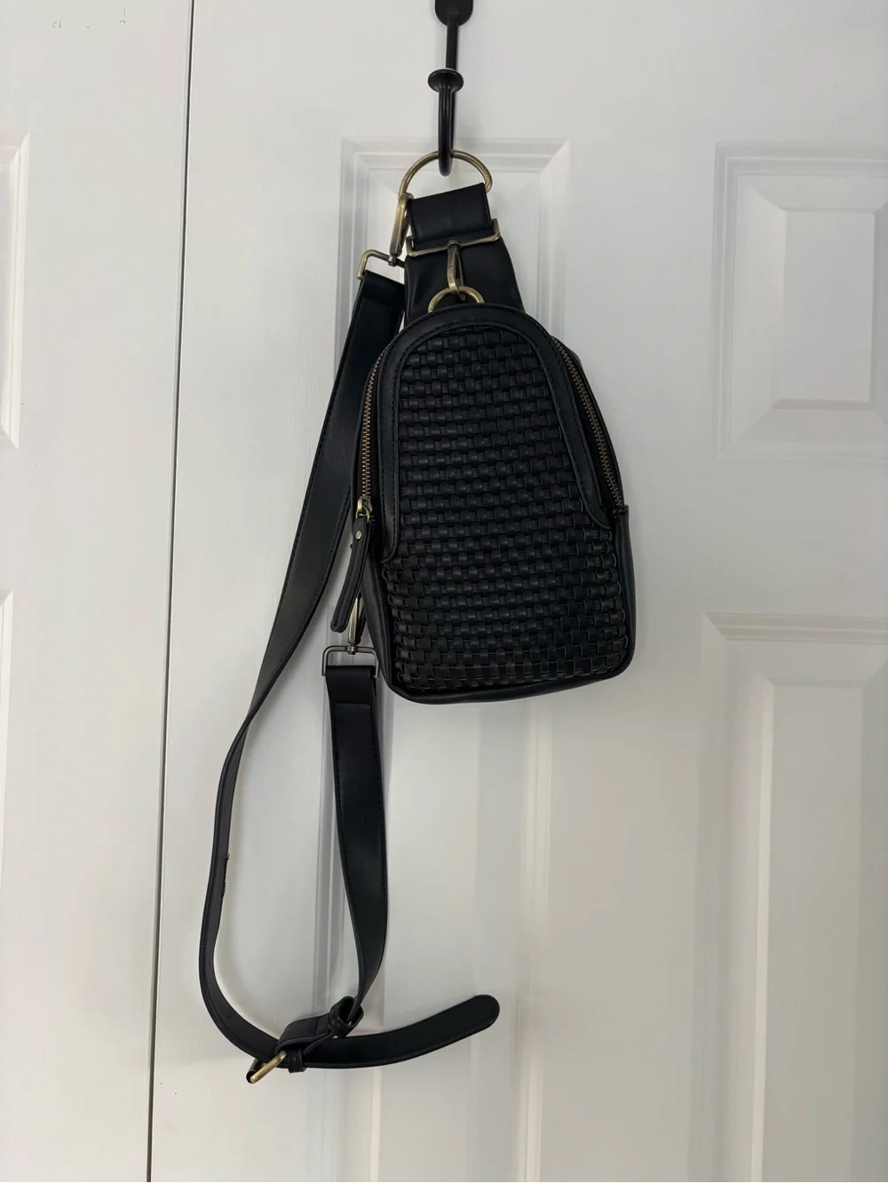 Anthropologie Urban Originals Black Leather Crossbody Sling with Brass Hardware